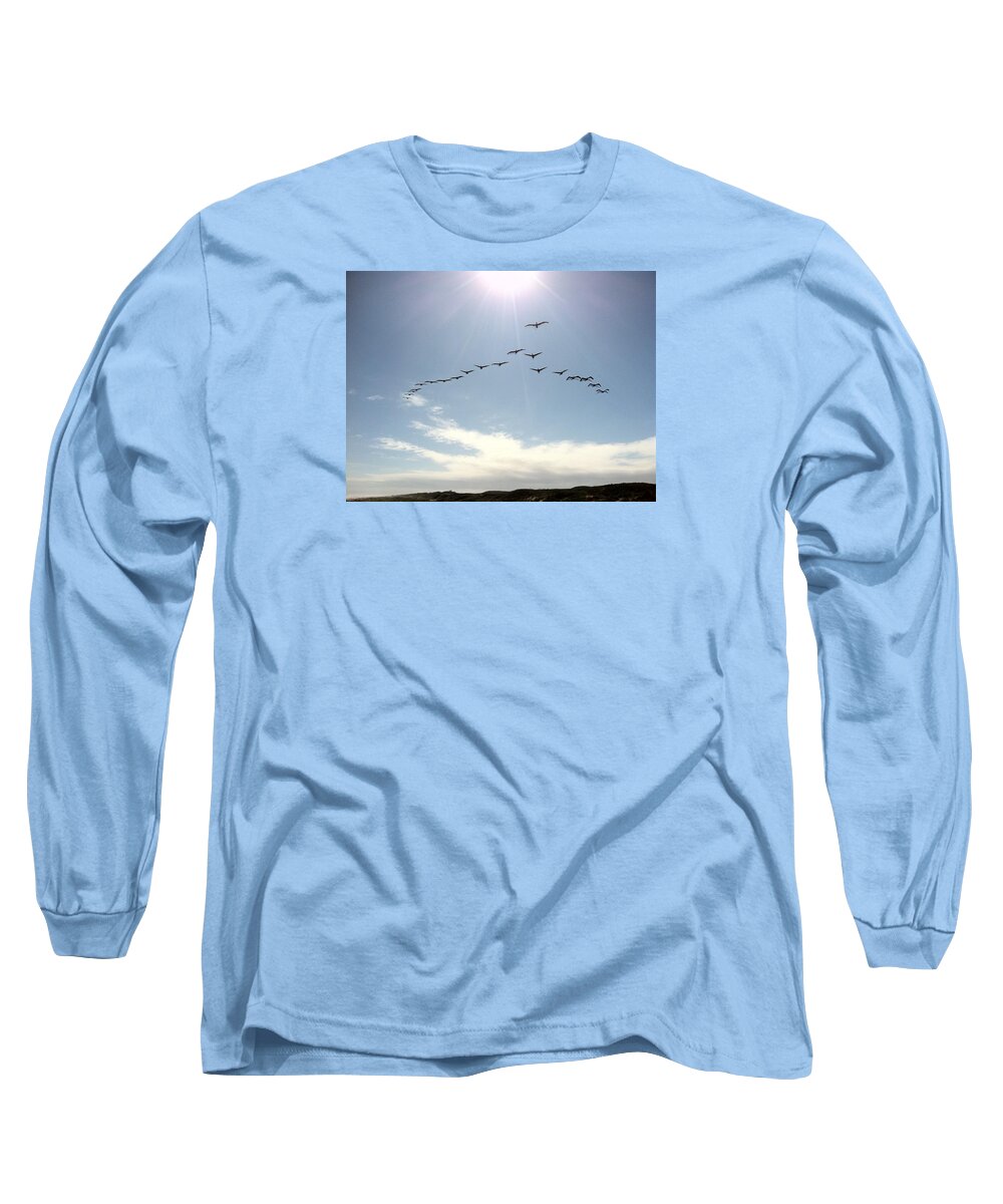Wildlife Long Sleeve T-Shirt featuring the photograph Pelicans in Flight by Christine Lathrop