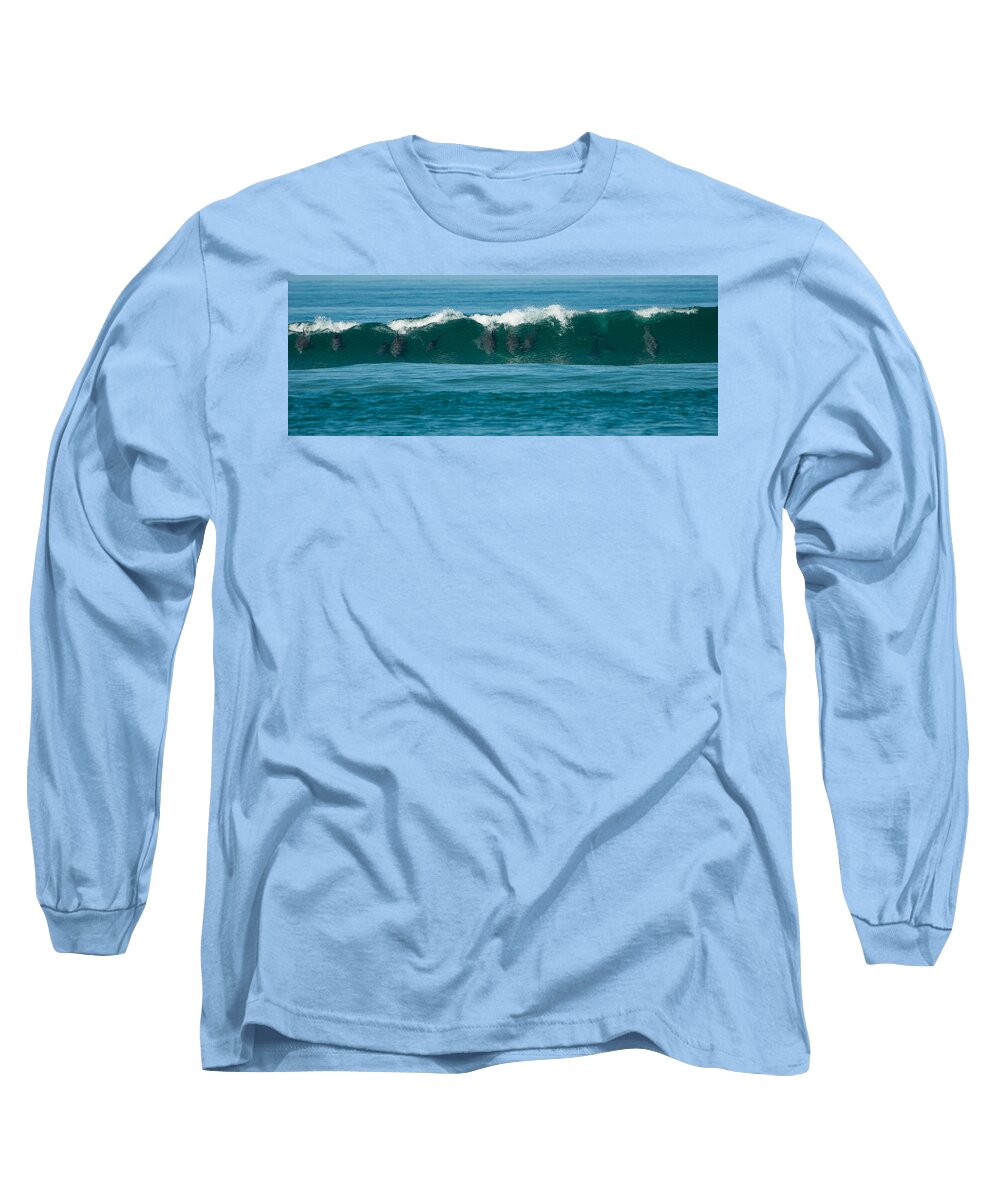Action Long Sleeve T-Shirt featuring the photograph Surfing Dolphins 2 by Alistair Lyne
