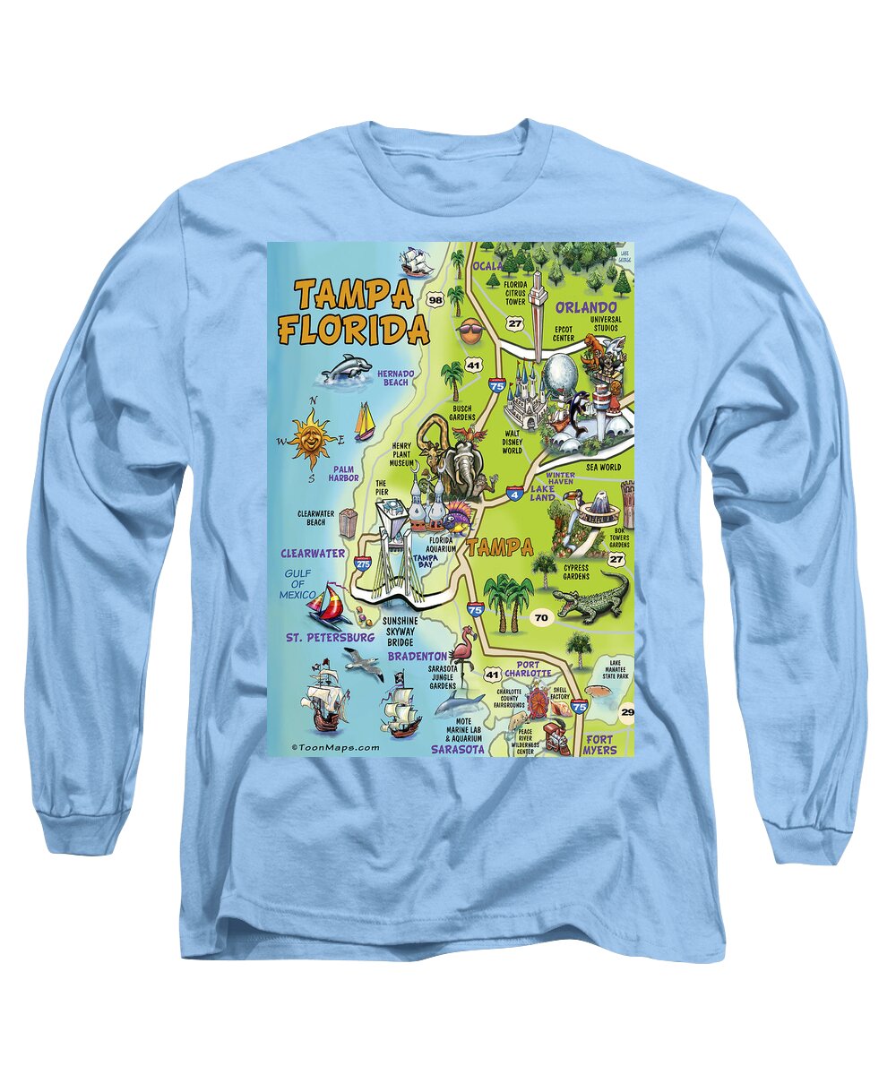 Tampa Long Sleeve T-Shirt featuring the painting Tampa Florida Cartoon Map by Kevin Middleton