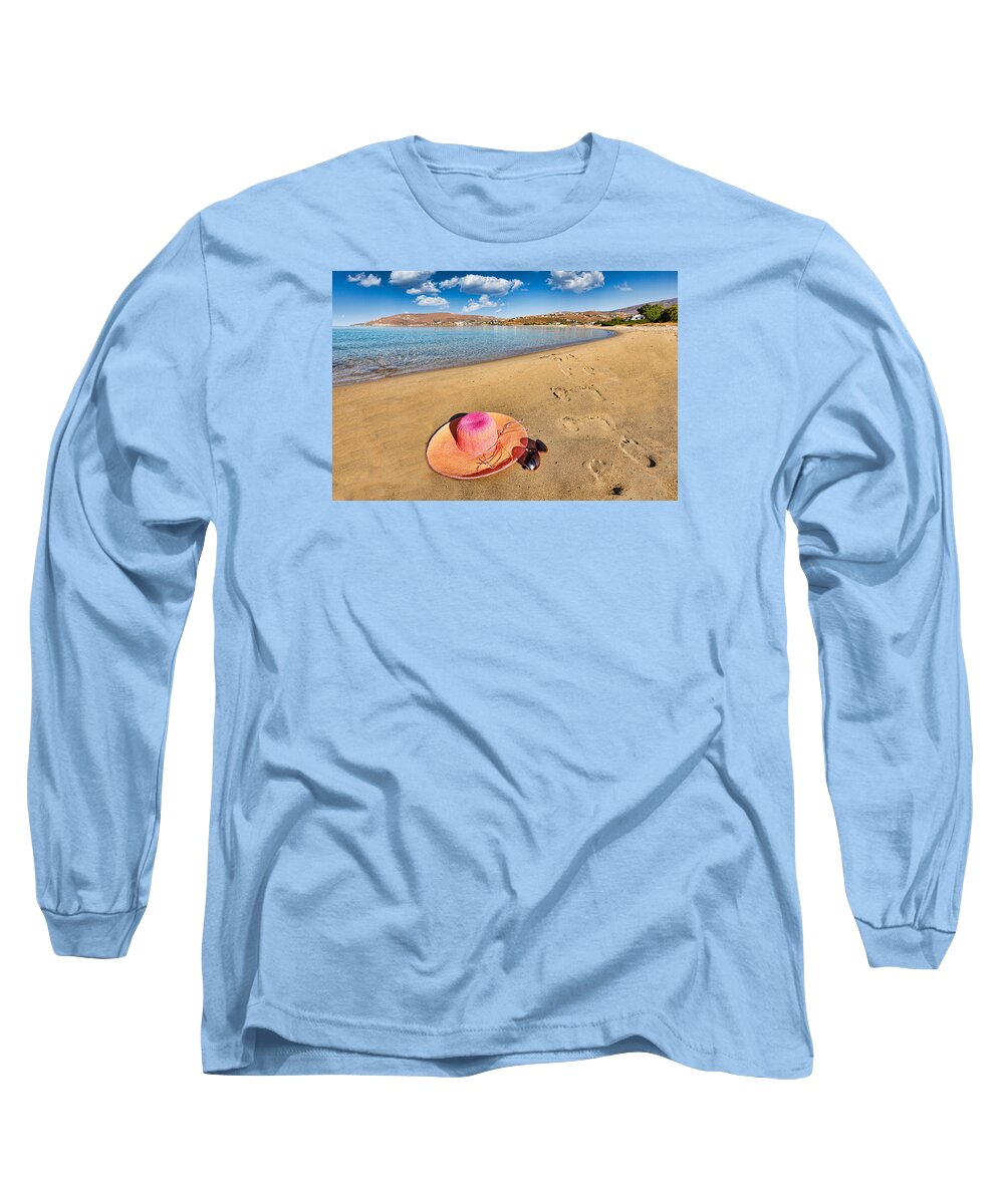 Andros Long Sleeve T-Shirt featuring the photograph Footsteps on the beach #1 by Constantinos Iliopoulos