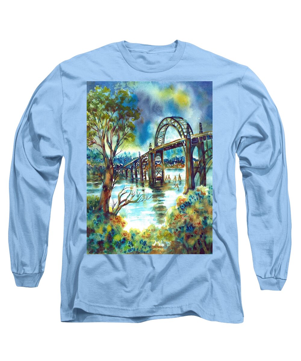 Newport Long Sleeve T-Shirt featuring the painting Yaquina Bay Bridge by Ann Nicholson