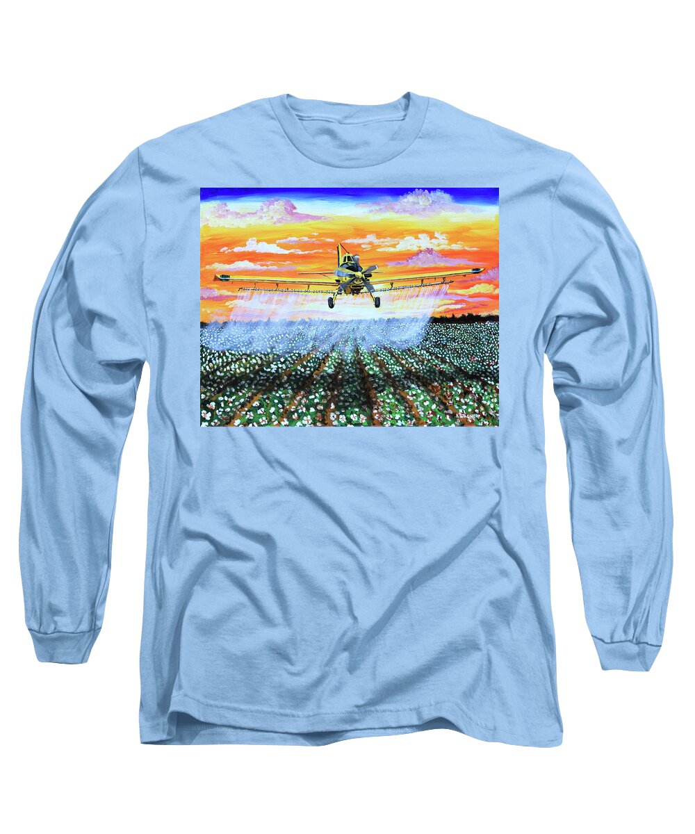 Air Tractor Long Sleeve T-Shirt featuring the painting Air Tractor at Sunset Over Cotton by Karl Wagner