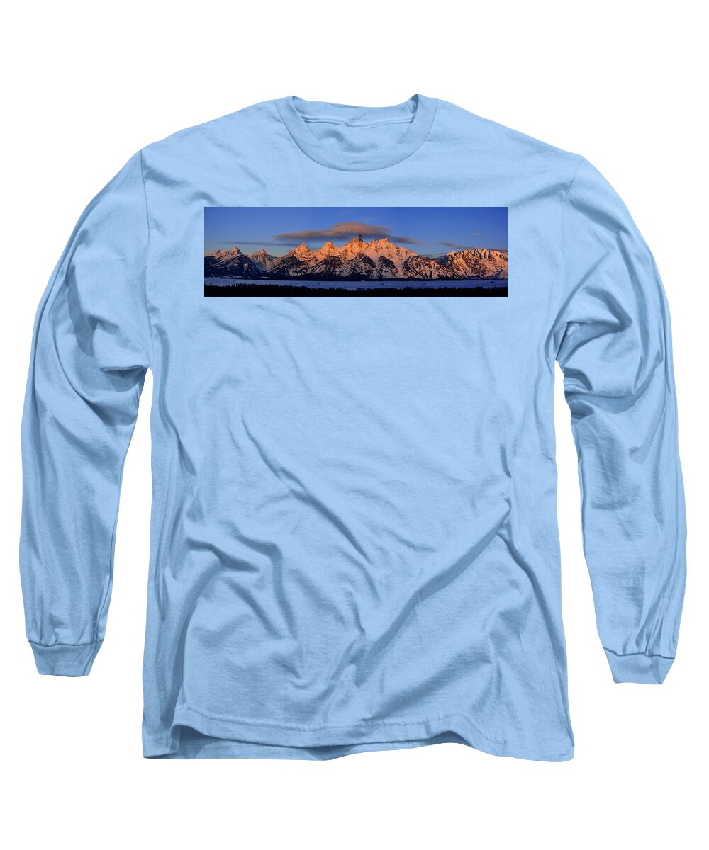 Teton Range With Alpenglow Long Sleeve T-Shirt featuring the photograph Alpenglow Tetons by Raymond Salani III