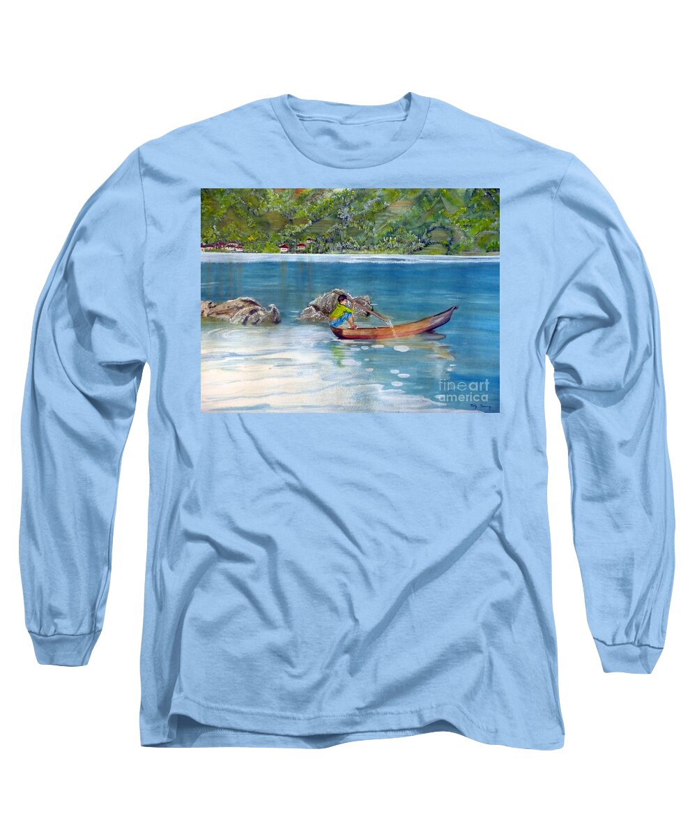 Anak Dan Perahu Long Sleeve T-Shirt featuring the painting Anak dan Perahu by Melly Terpening