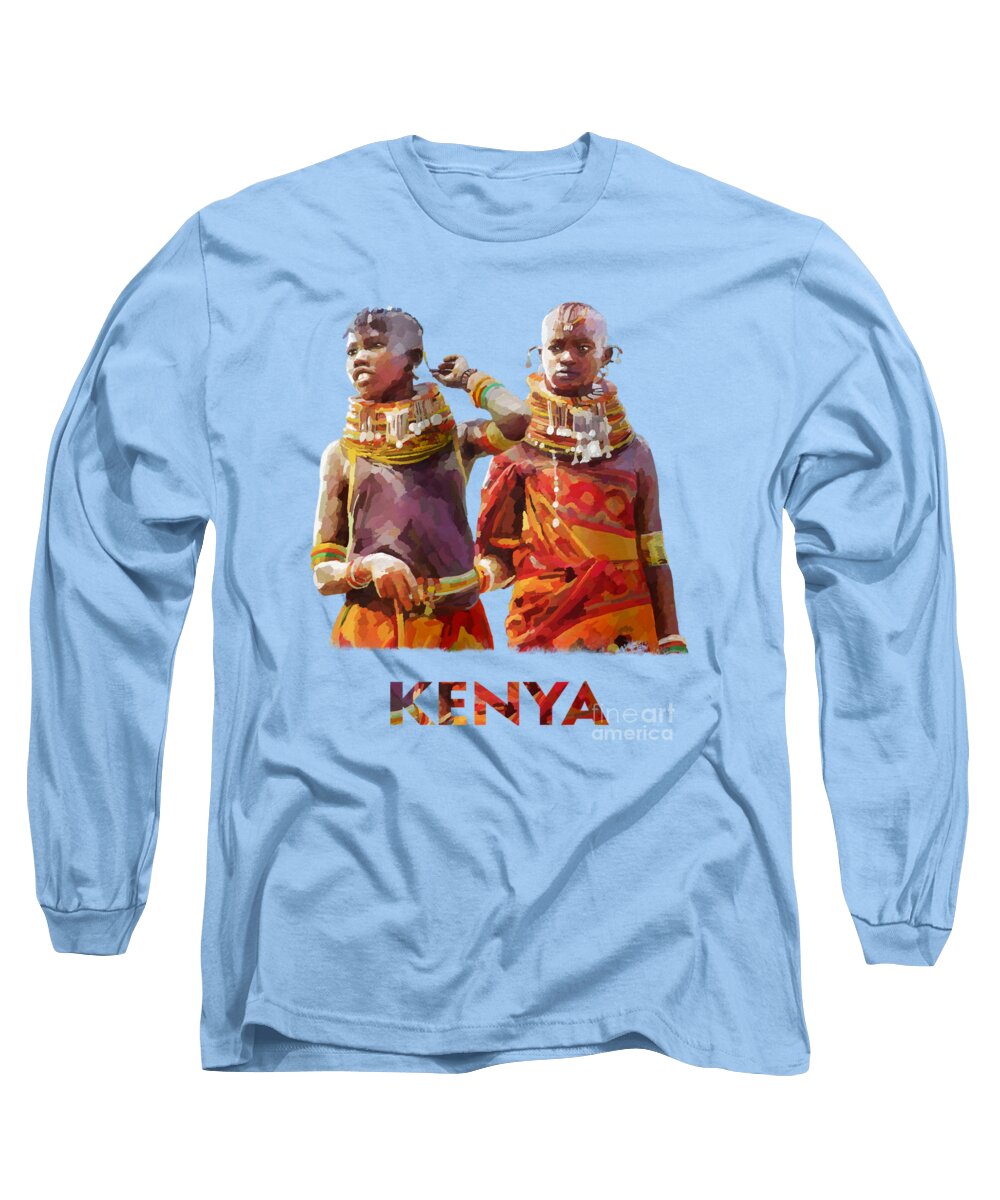 Tradition Long Sleeve T-Shirt featuring the painting Young Turkana Girls by Anthony Mwangi
