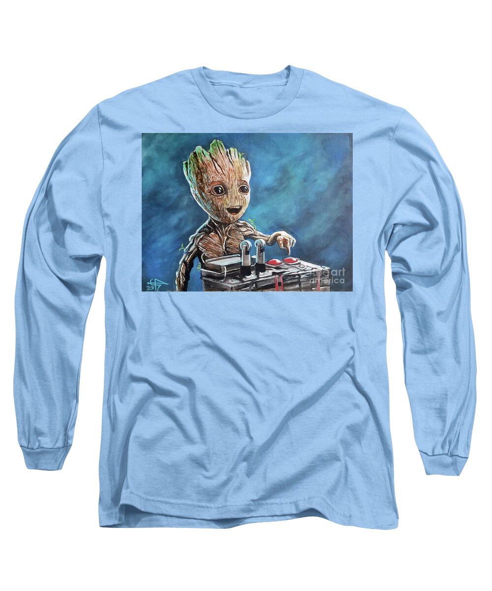 Guardians Of The Galaxy Long Sleeve T-Shirt featuring the painting Baby Groot by Tom Carlton