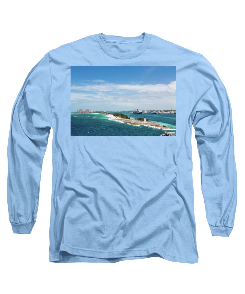 Architecture Long Sleeve T-Shirt featuring the photograph Bahamas Lighthouse with Nassau and Resort in Background by Darryl Brooks