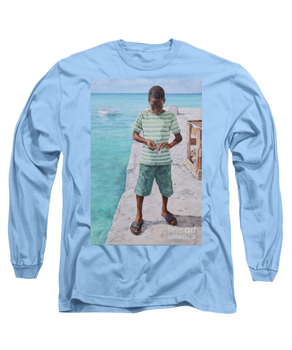 Roshanne Long Sleeve T-Shirt featuring the painting Baiting Up by Roshanne Minnis-Eyma