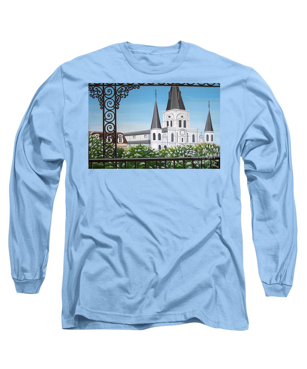 New Orleans Long Sleeve T-Shirt featuring the painting Balcony View of St Louis Cathedral by Valerie Carpenter