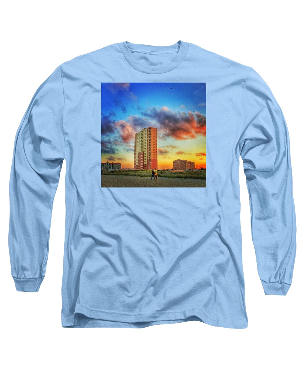 Sunset Long Sleeve T-Shirt featuring the photograph Sun Setting Behind Building by Lauren Fitzpatrick