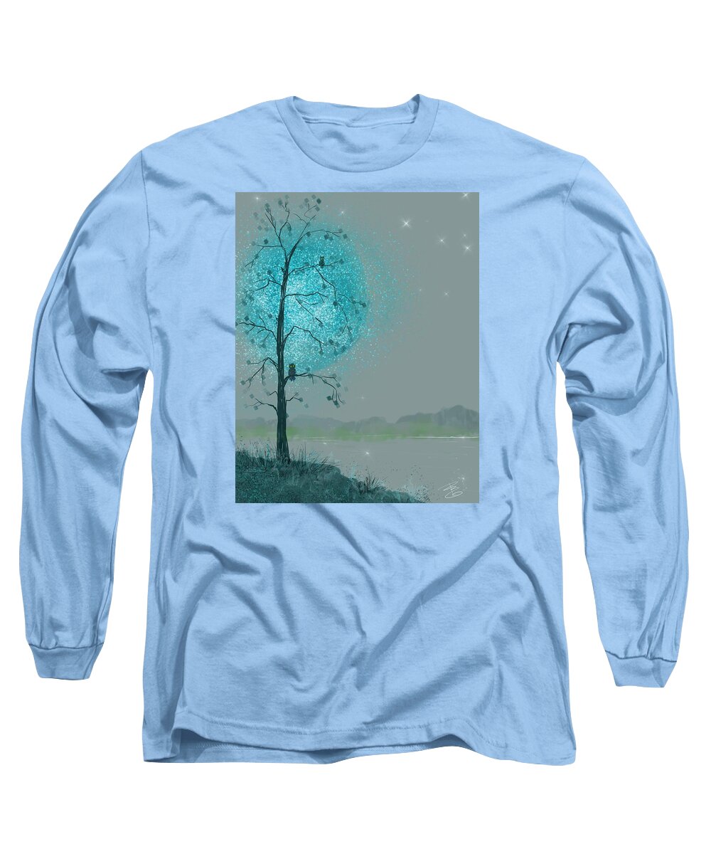 Owl Long Sleeve T-Shirt featuring the digital art Blue Moon Owls by Debra Baldwin