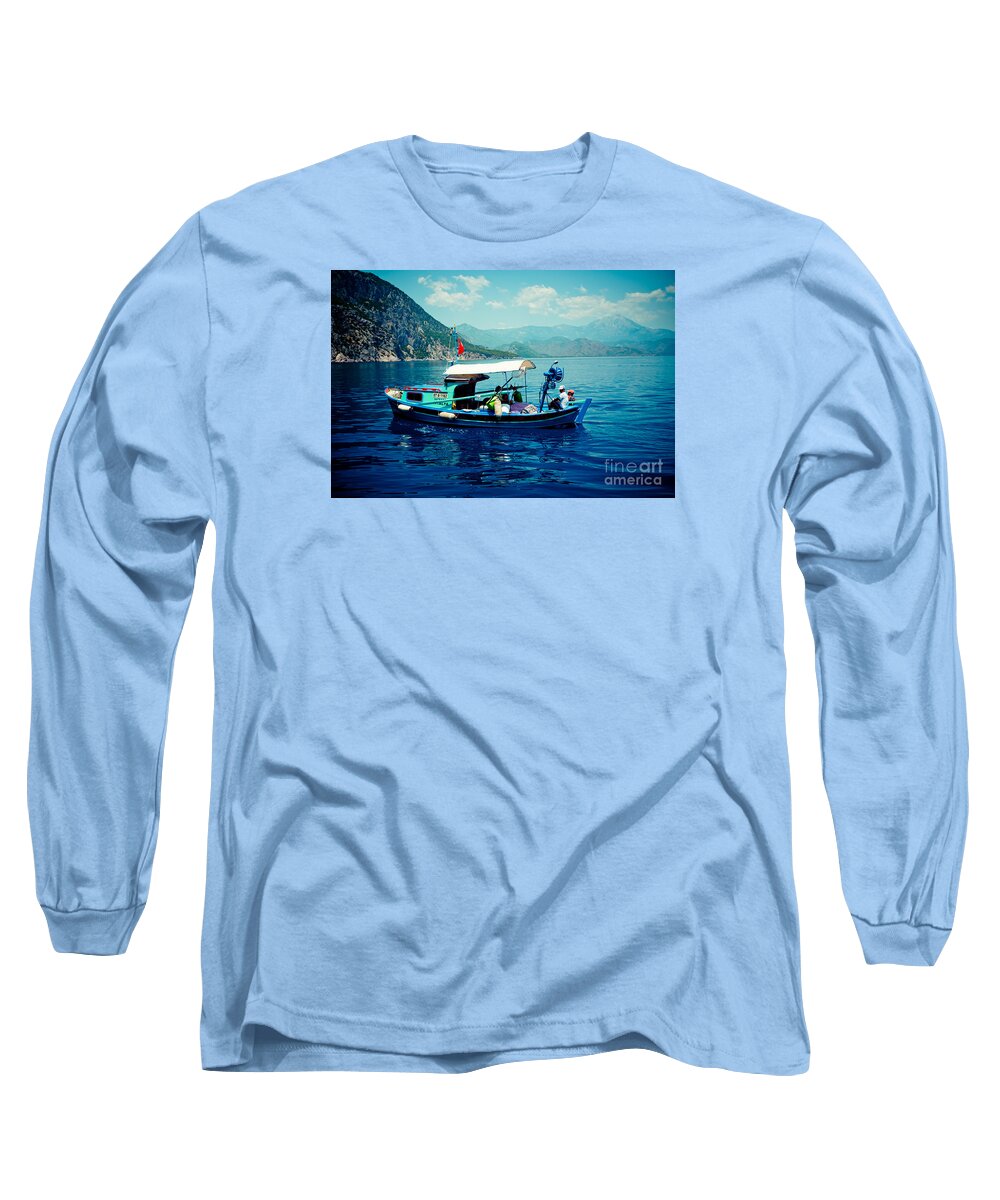 Water Long Sleeve T-Shirt featuring the photograph Boat and sapfir sea Seascape Artmif by Raimond Klavins