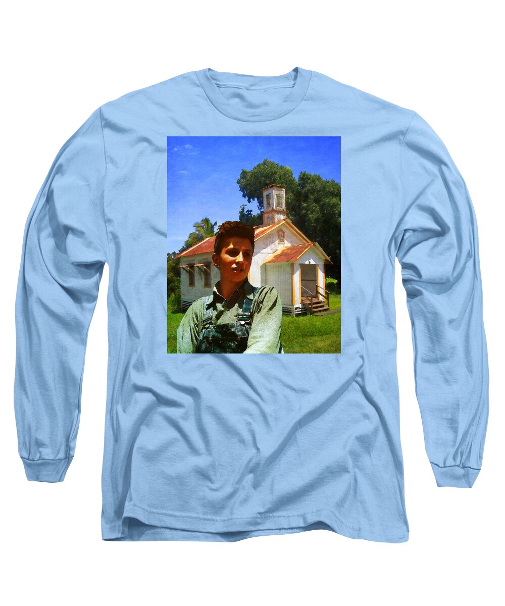 Farmer Long Sleeve T-Shirt featuring the photograph Boy and Church by Timothy Bulone