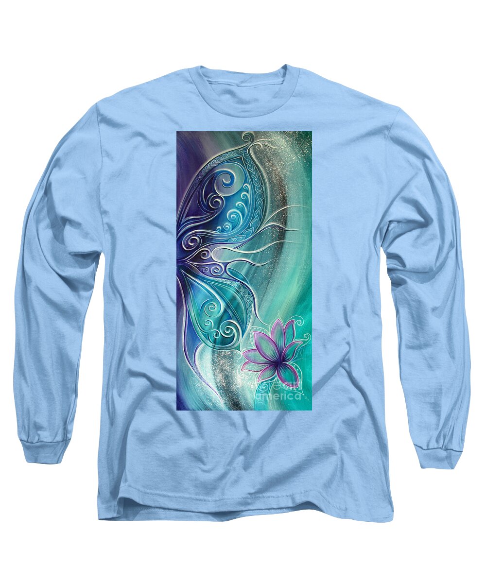 Butterfly Long Sleeve T-Shirt featuring the painting Butterfly Wing with Lotus by Reina Cottier