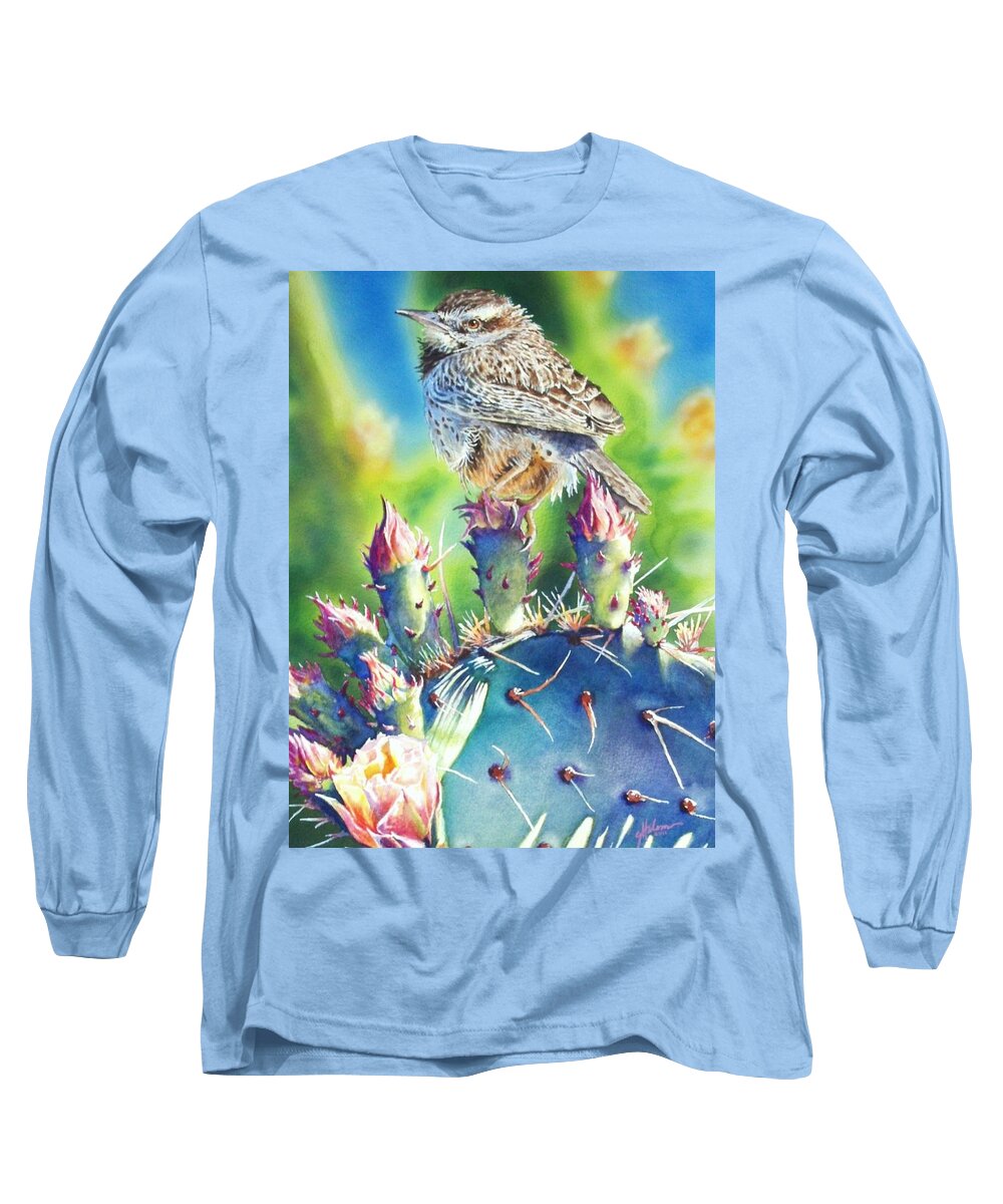 Wren Long Sleeve T-Shirt featuring the painting Cactus Wren by Greg and Linda Halom