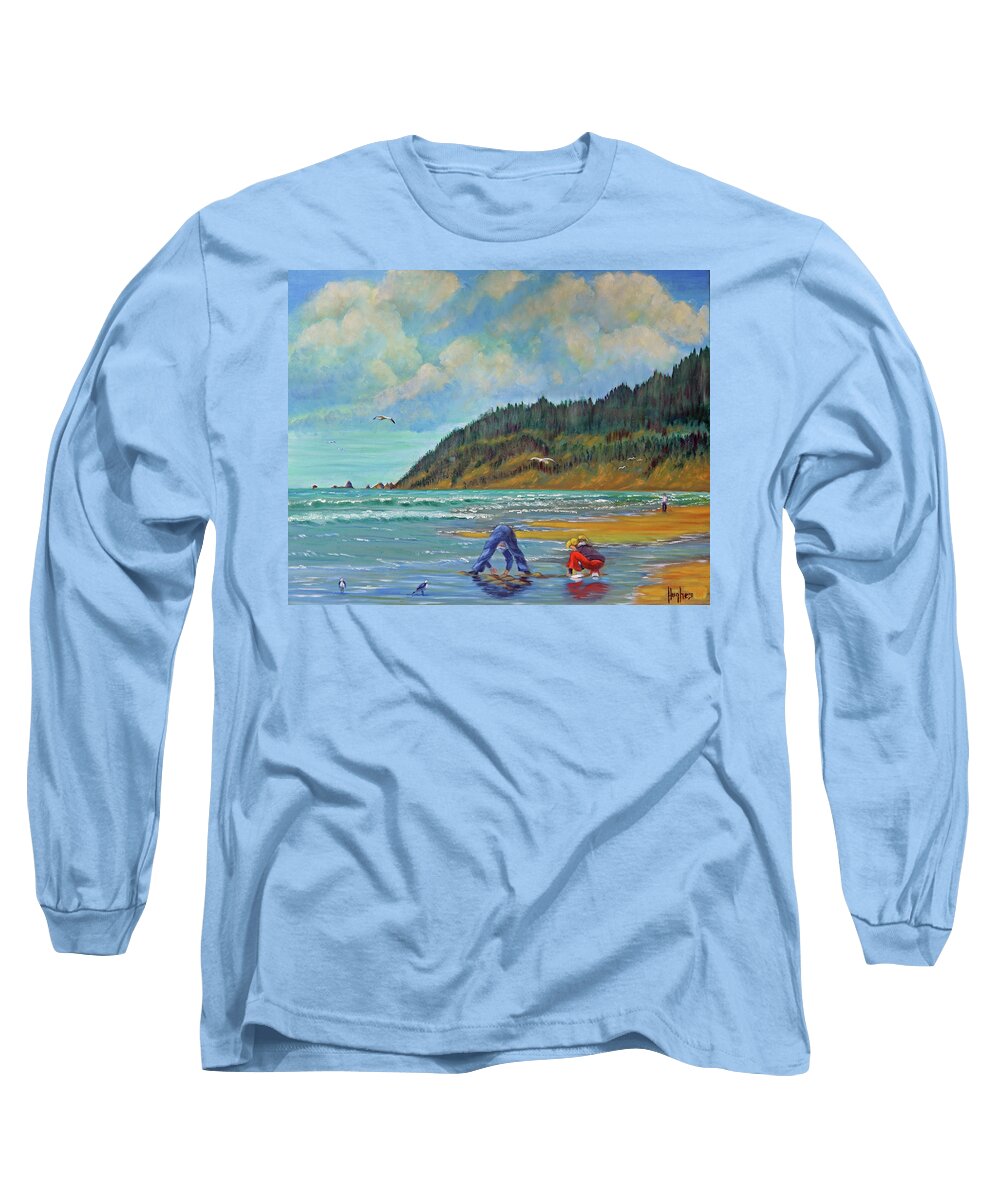 Cannon Beach Oregon Long Sleeve T-Shirt featuring the painting Cannon Beach Kids by Kevin Hughes