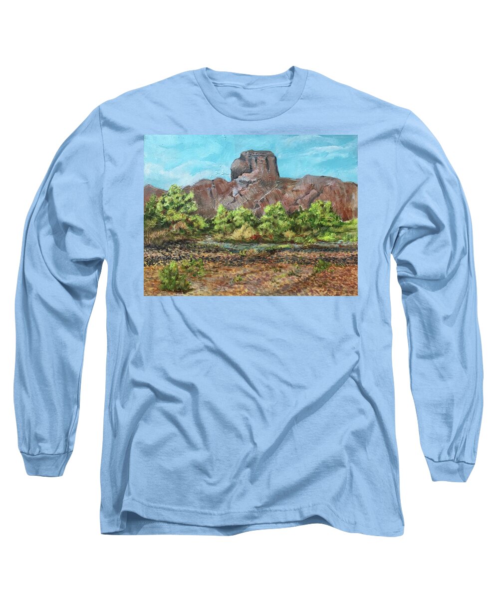 A Flash Flood Happens In The Desert Occasionally Bringing Color To The Desert. Desert Colors Long Sleeve T-Shirt featuring the painting Castle Dome Flash Flood by Charme Curtin
