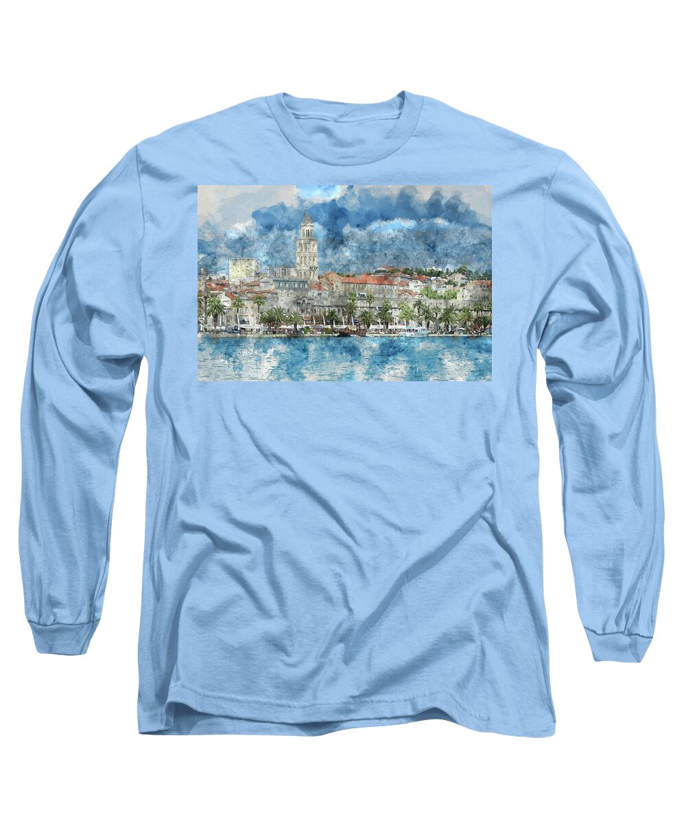 Ancient Long Sleeve T-Shirt featuring the photograph City of Split in Croatia with Birds Flying in the Sky by Brandon Bourdages