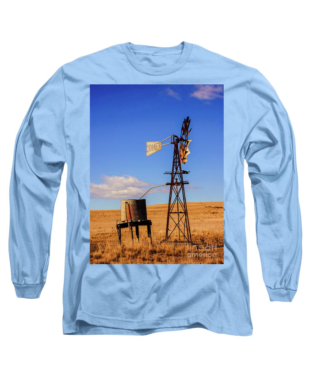 Old Water Windmill In Rural New South Wales Long Sleeve T-Shirt featuring the photograph Meet Comet the Windmill by Lexa Harpell