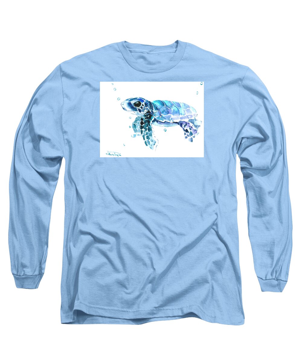 Turtle Long Sleeve T-Shirt featuring the painting Cute Baby Turtle by Suren Nersisyan