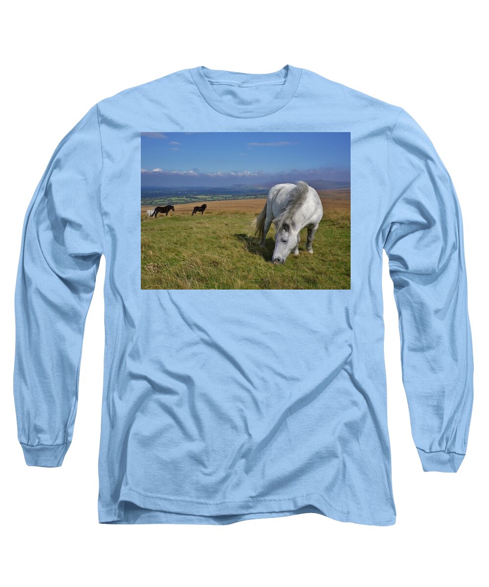 Dartmoor Long Sleeve T-Shirt featuring the photograph Dartmoor Ponies On Gibbet Hill Dartmoor Devon by Richard Brookes