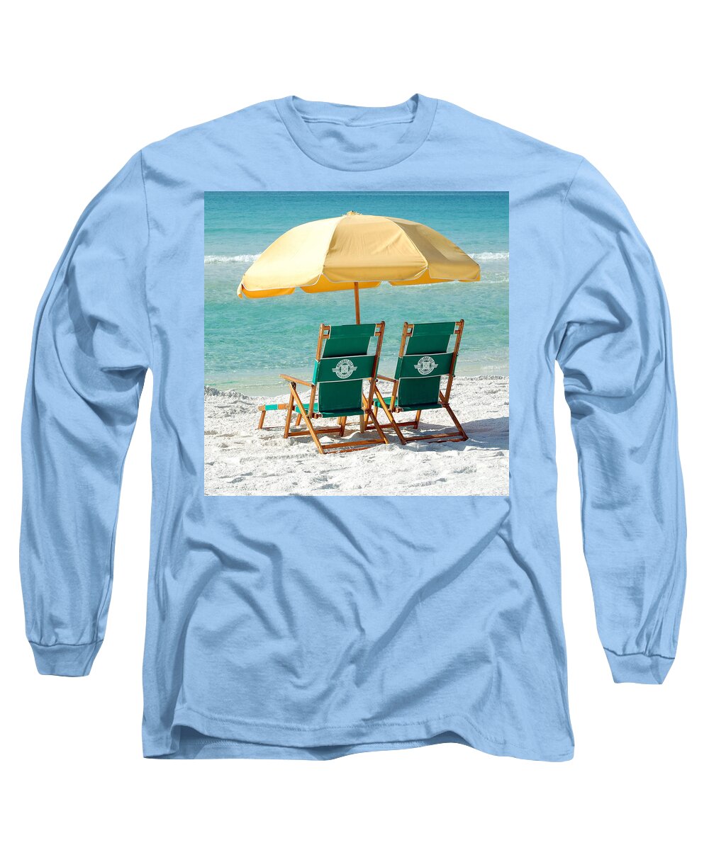 Destin Long Sleeve T-Shirt featuring the photograph Destin Florida Beach Chairs and Yellow Umbrella Square Format by Shawn O'Brien
