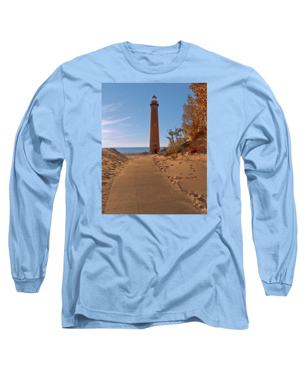 Petite Pointe Au Sable Long Sleeve T-Shirt featuring the photograph Fall at Little Point Sable Light by Susan Rissi Tregoning