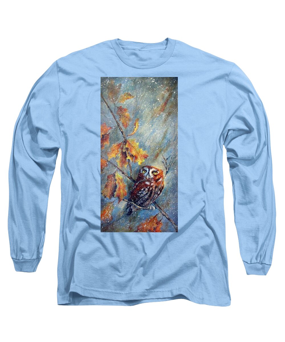 Owl Long Sleeve T-Shirt featuring the painting First Flurries by Mary McCullah