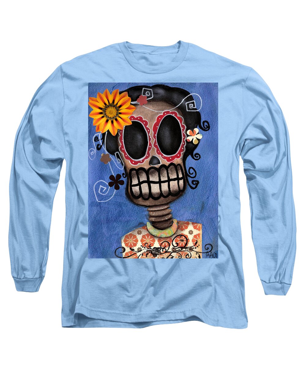 Day Of The Dead Long Sleeve T-Shirt featuring the painting Frida Muerta by Abril Andrade