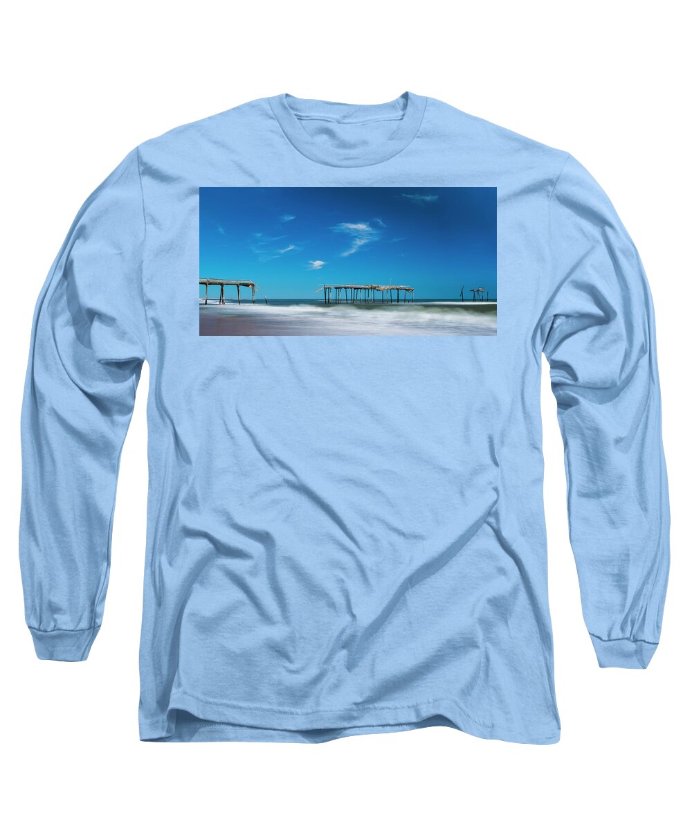 Outer Banks Long Sleeve T-Shirt featuring the photograph Frisco Fishing Pier in North Carolina Panorama by Ranjay Mitra