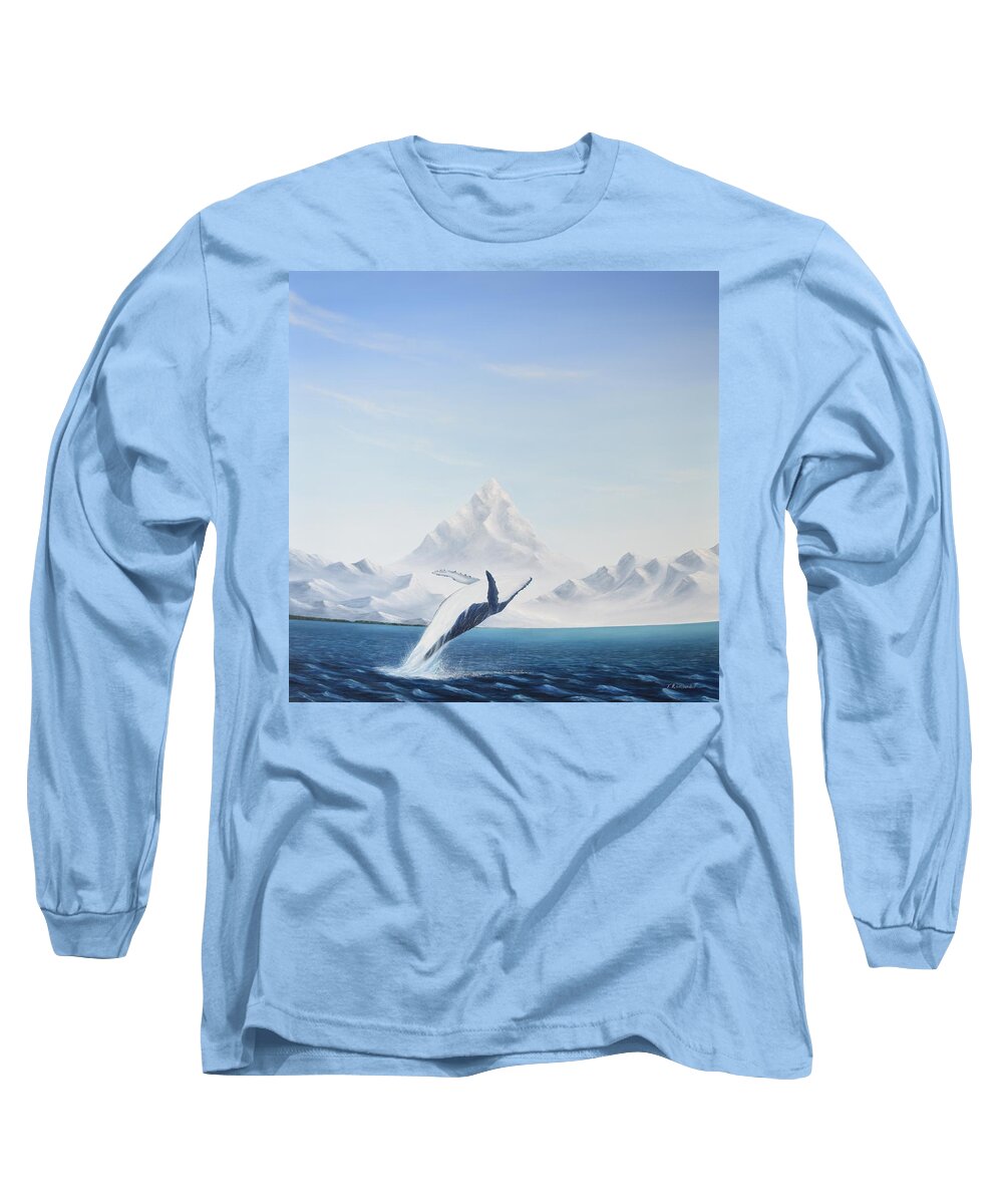 Ocean Whale Sea Marine Mountains Sky Waves Blue Snow Humpback Oil Dolphin Orca Animals Landscape Inspirational Long Sleeve T-Shirt featuring the painting Happy Humpback by Torrence Ramsundar