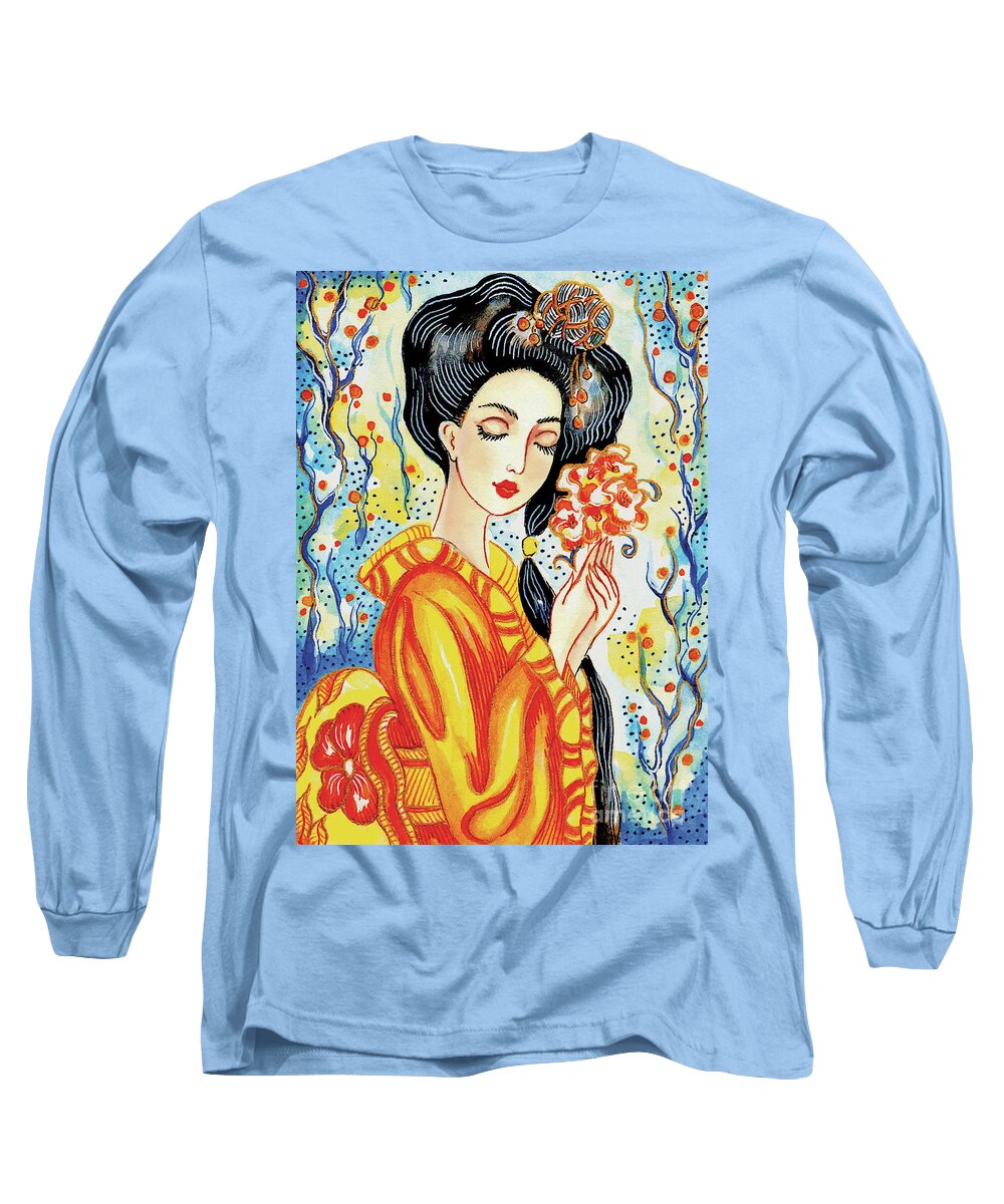Woman And Flower Long Sleeve T-Shirt featuring the painting Harmony Flower by Eva Campbell
