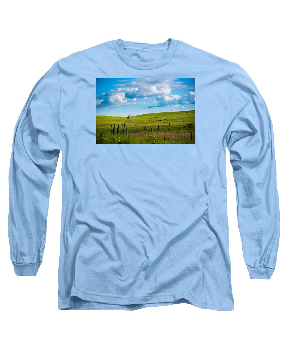 Nature Long Sleeve T-Shirt featuring the photograph Hawk and Flint Hills by Jeff Phillippi