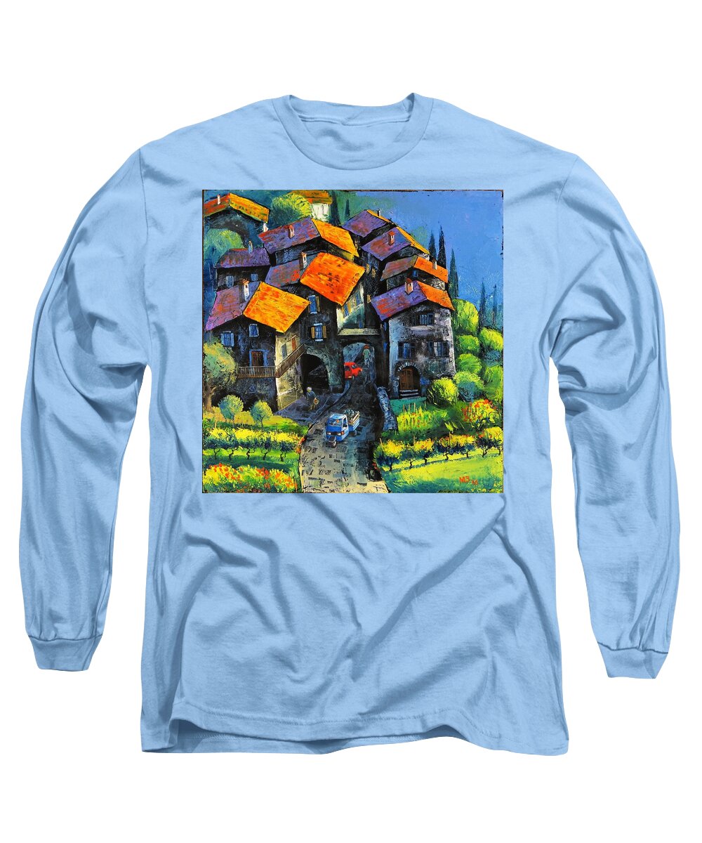 Italy Long Sleeve T-Shirt featuring the painting Hilltop Willage by Mikhail Zarovny