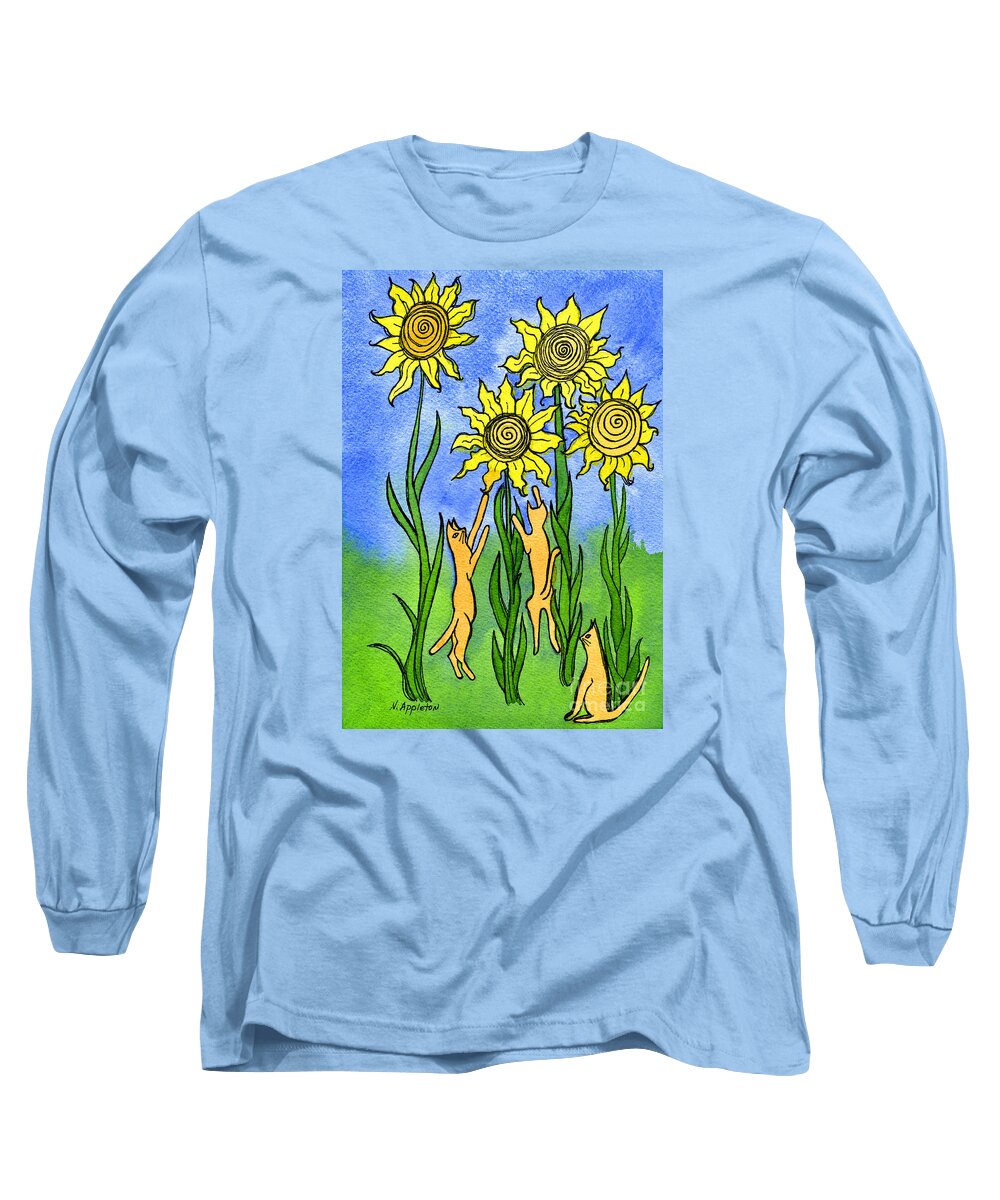 Cat Art Long Sleeve T-Shirt featuring the painting Kitties Climbing Flowers by Norma Appleton