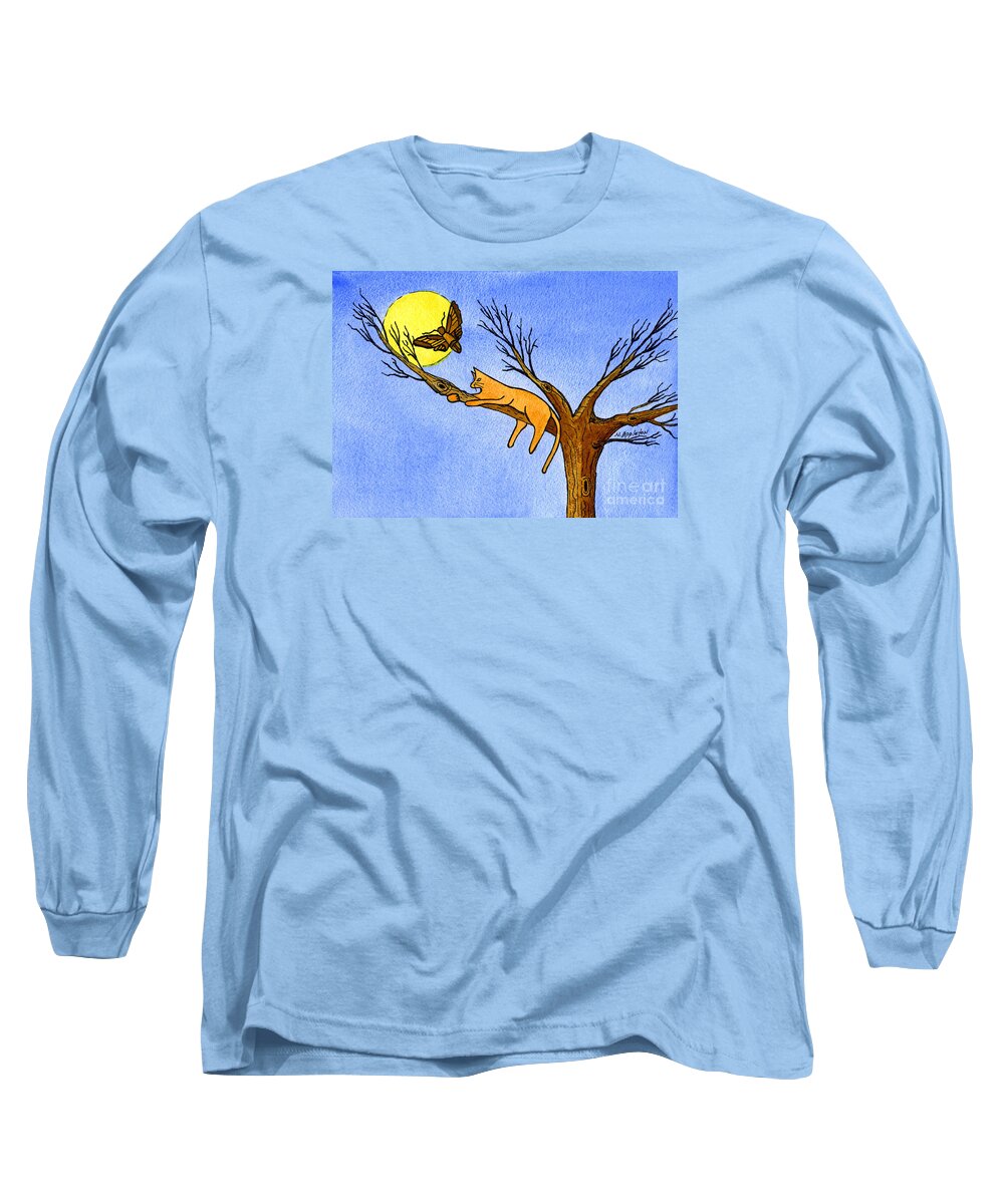 Cat Long Sleeve T-Shirt featuring the painting Kitty Moth and Moonlight by Norma Appleton