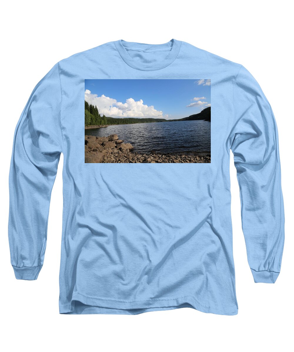 Clouds Cloud Waterfront Summer Sky Reflection Blue Grey White Beige Green Black Brown Woods Outdoors Countryside Countryliving Country Outdoors Nature Landscape View Panorama Norway Norwegen Norvegia Norge Nordmarka Scandinavia Skandinavia Norden Europe European Lake Trees Forrest Rocks Rock Woods Summer Plant Tan Turquoise Daylight Daytime Hiking Vegetation Lakeside Picnic Picnics Day Long Sleeve T-Shirt featuring the digital art Lakeside by Jeanette Rode Dybdahl