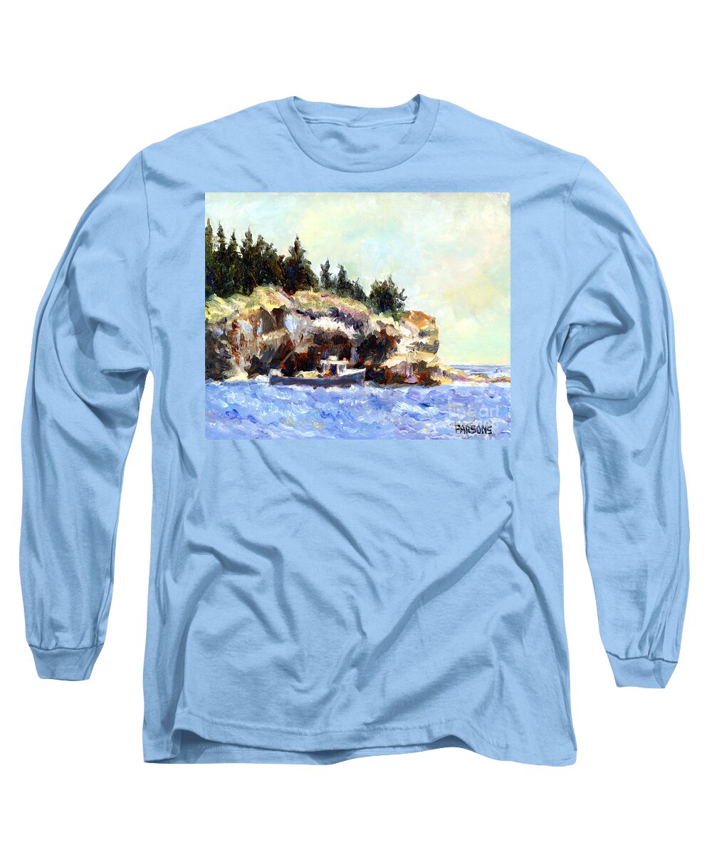 Acadia National Park Long Sleeve T-Shirt featuring the painting Lobster Boat in Acadia National Park by Pamela Parsons