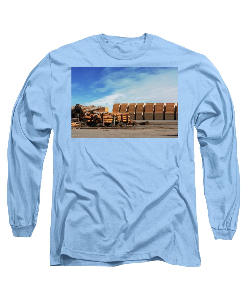 Lumber Long Sleeve T-Shirt featuring the photograph Logs and Plywood at Lumber Mill by David Gn