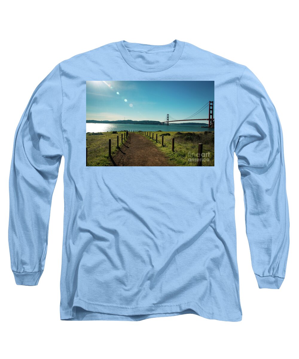 Bridge Long Sleeve T-Shirt featuring the photograph Lonely path with the golden gate bridge in the background by Amanda Mohler