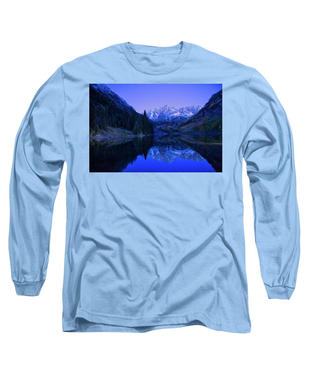 Blue Long Sleeve T-Shirt featuring the photograph Maroon Bells before sunrise by Nancy Dunivin