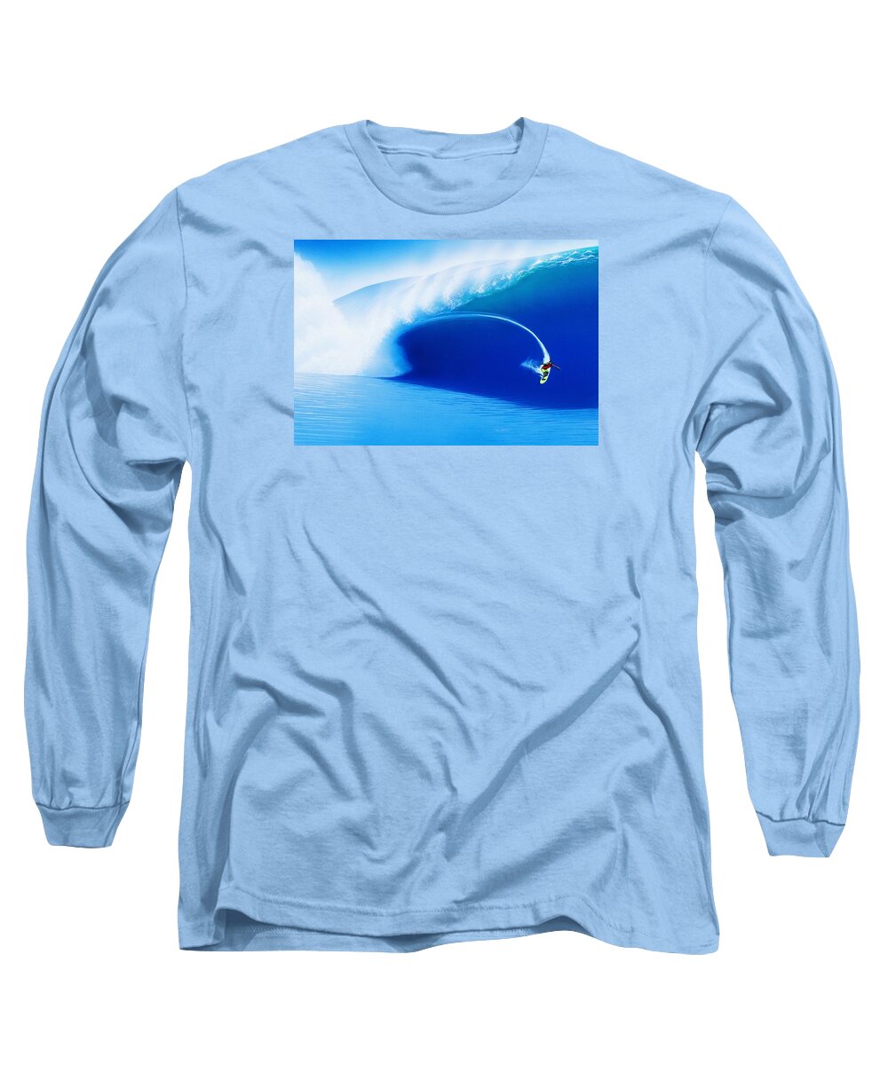 Surfing Long Sleeve T-Shirt featuring the painting Teahupoo Tahiti 2003 by John Kaelin
