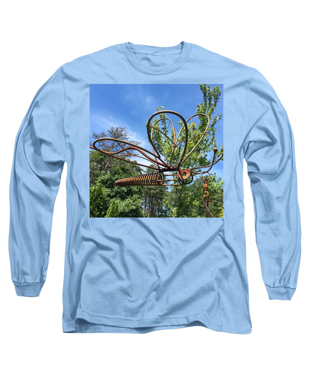 Photograph Butterfly Print Long Sleeve T-Shirt featuring the photograph Metal dragonfly against the sky by Dottie Visker