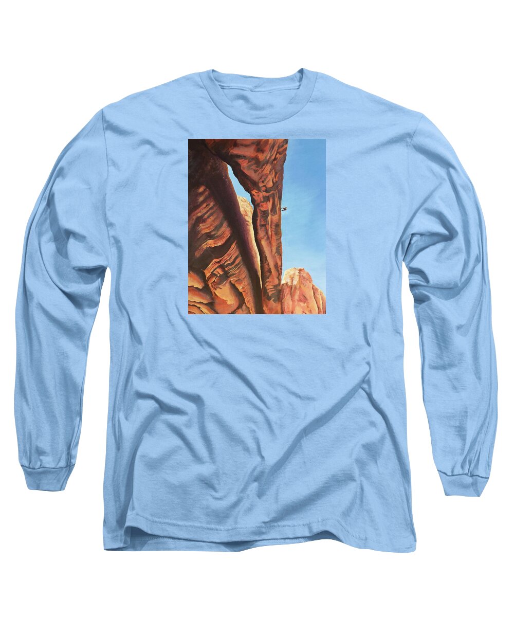 Moab Long Sleeve T-Shirt featuring the painting Moab Arch Rappel by Leizel Grant