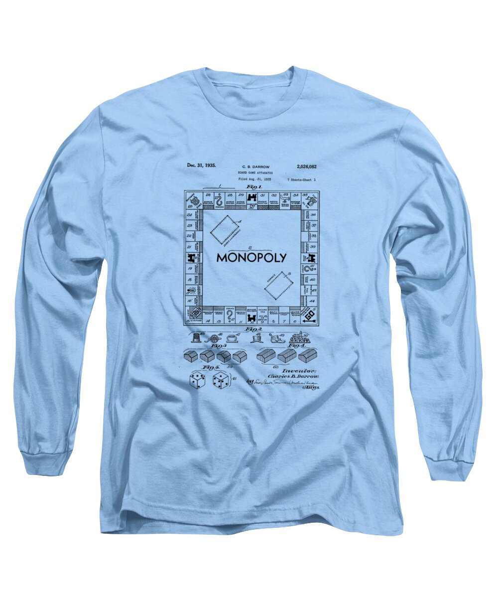 Tee Long Sleeve T-Shirt featuring the drawing Monopoly Original Patent Art Drawing T-shirt by Edward Fielding