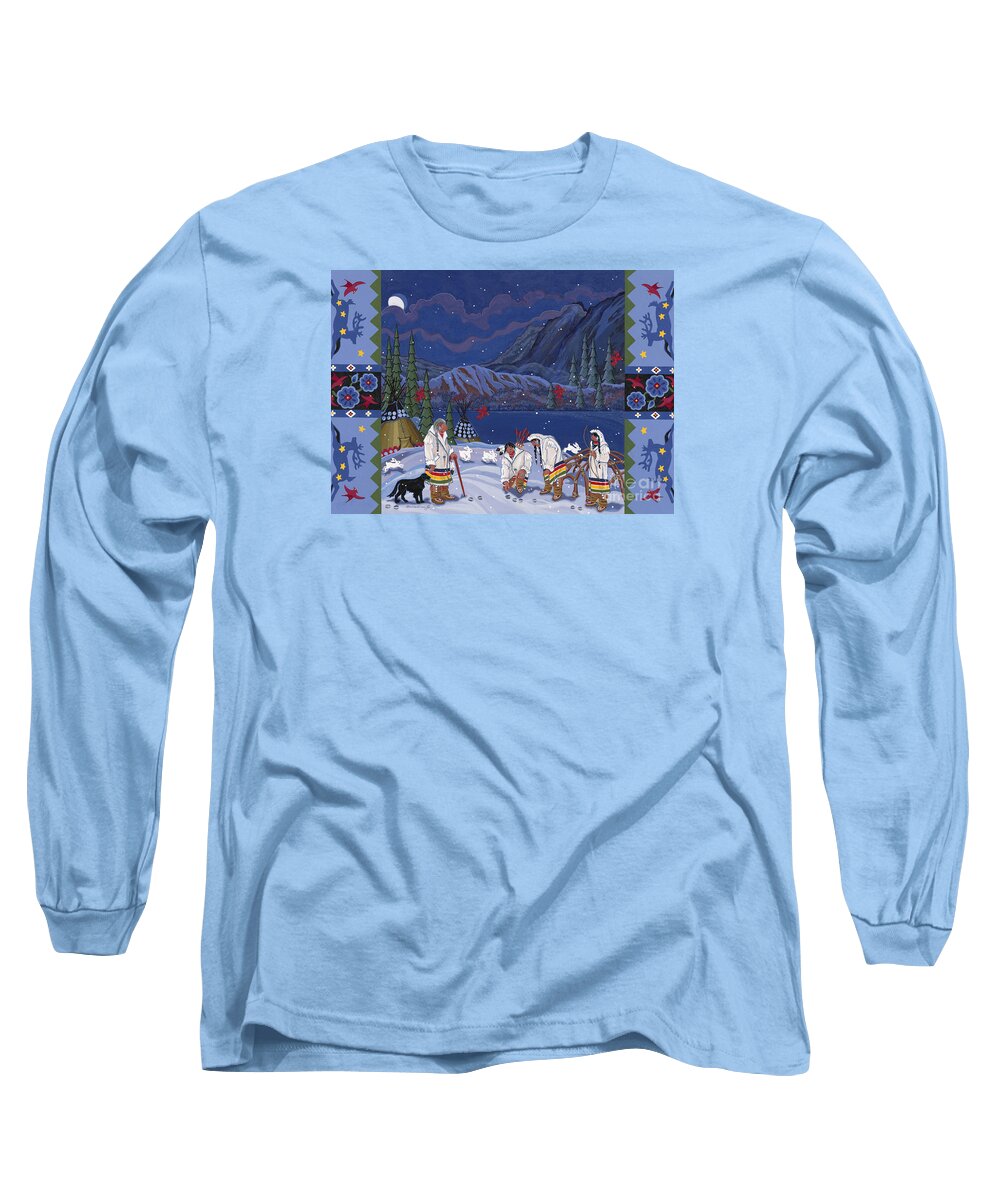 Many Stories Cannot Be Recounted Until There Is Snow On The Ground. Here You Are Watching As A Respected Elder Teaches About Tracking In The Winter Snows. Long Sleeve T-Shirt featuring the painting Moon When the Rivers Dream by Chholing Taha