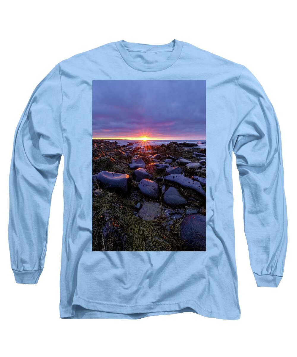 Ocean Long Sleeve T-Shirt featuring the photograph Morning Fire, Sunrise On The New Hampshire Seacoast by Jeff Sinon