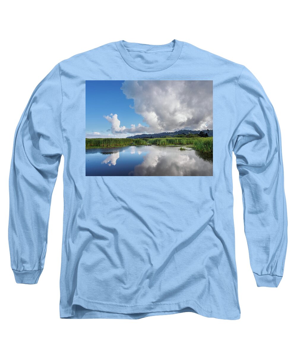 Humboldt Bay Long Sleeve T-Shirt featuring the photograph Morning Reflections on a Marsh Pond by Greg Nyquist