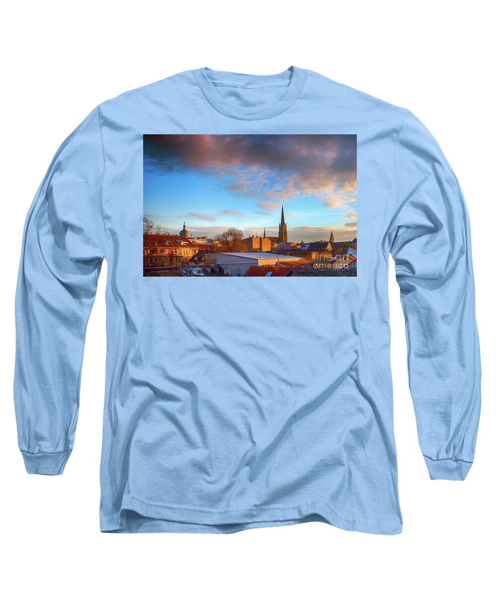 Art Photography Long Sleeve T-Shirt featuring the photograph Novi Sad roofs lit by the setting sun by Jivko Nakev