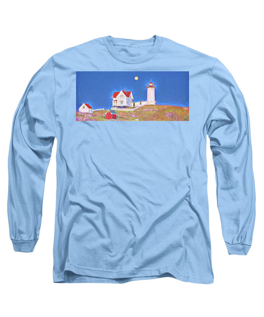 Vacationland Long Sleeve T-Shirt featuring the digital art Nubble Lighthouse with Moon by David Smith
